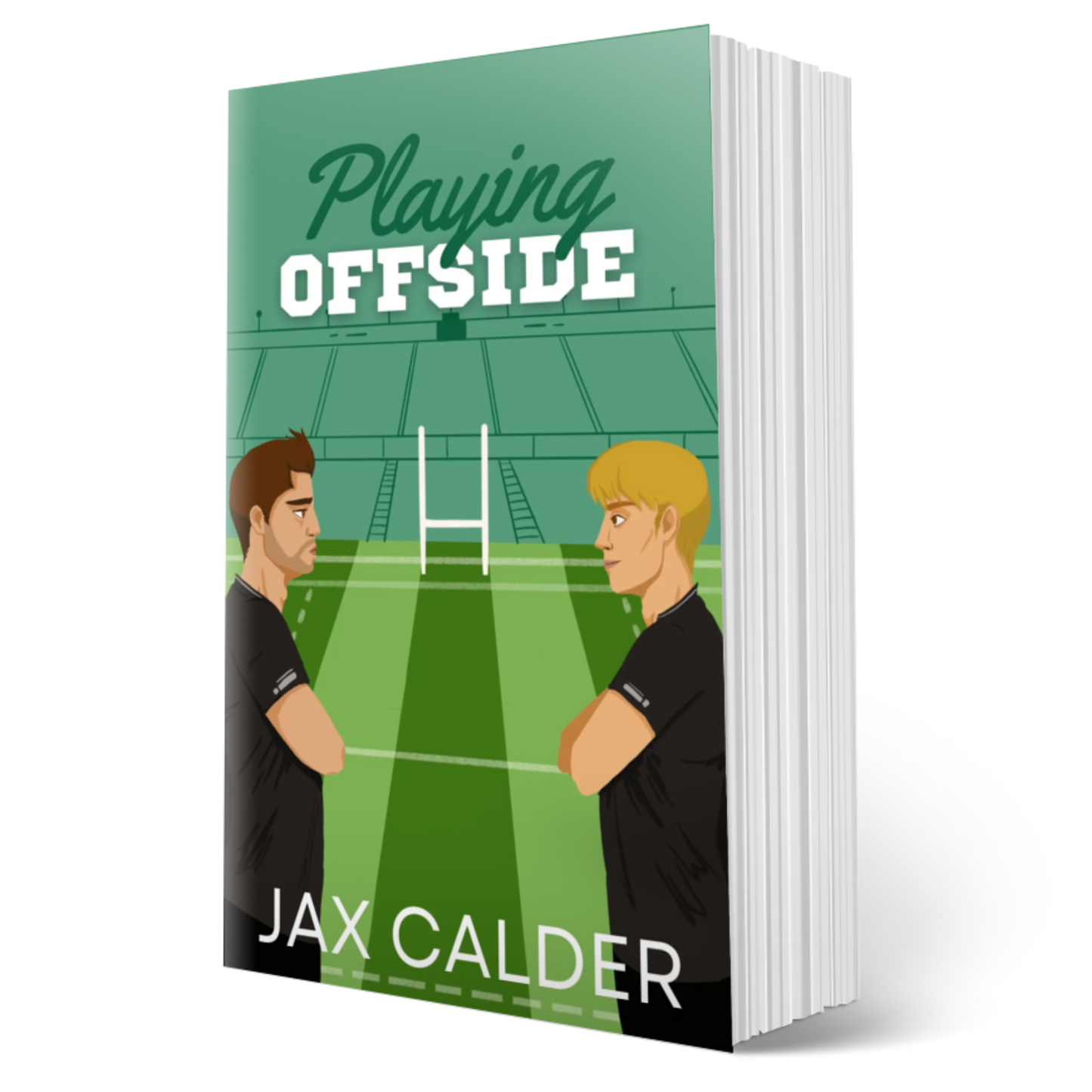Book titled 'Playing Offside' by Jax Calder with illustrations of two men on a rugby field.