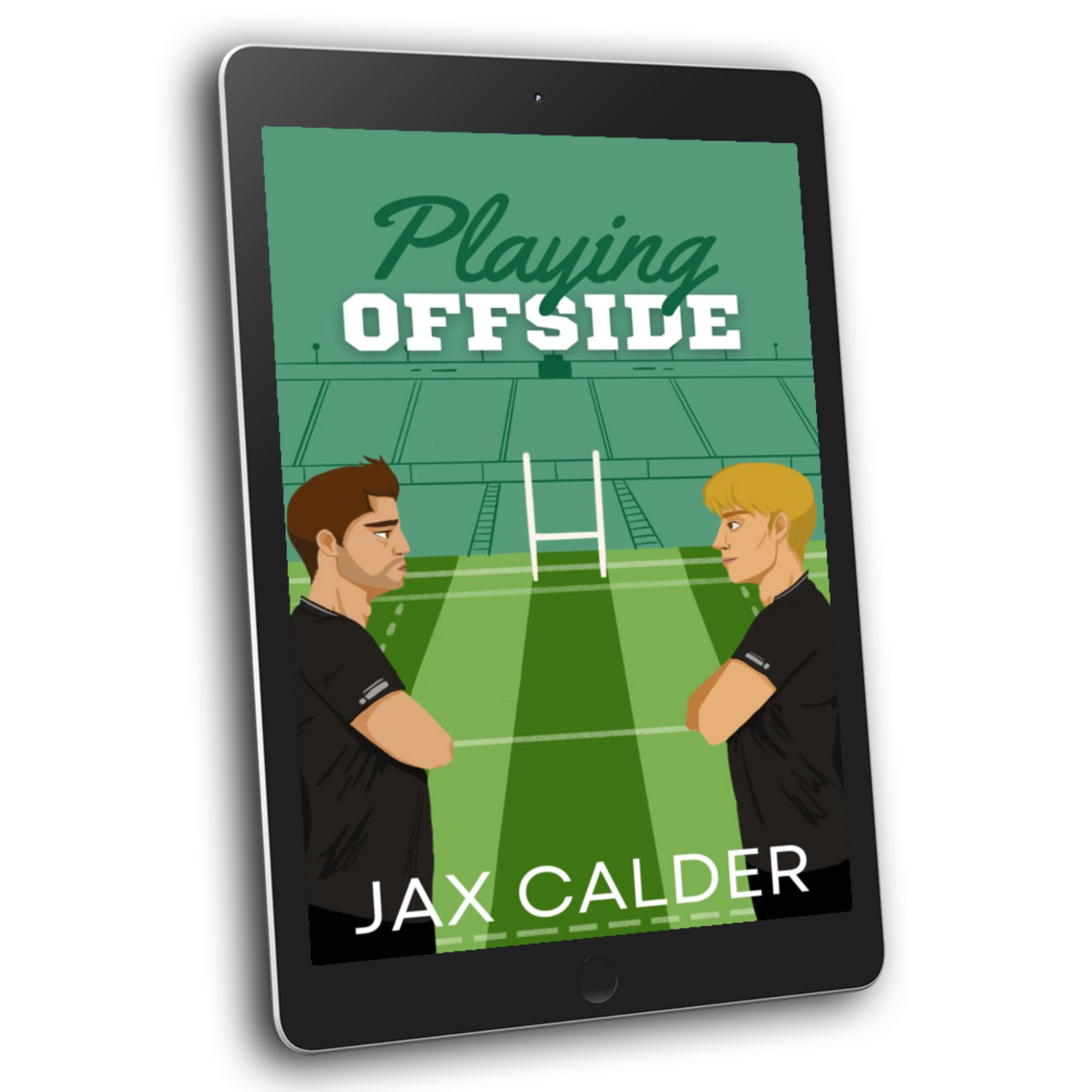 Digital book cover of 'Playing Offside' by Jax Calder displayed on a tablet.