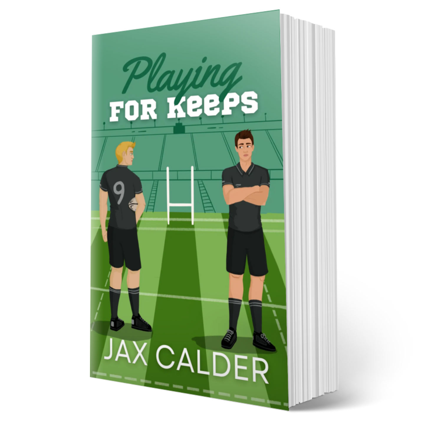 Book cover of 'Playing For Keeps' by Jax Calder with illustrations of two characters on a rugby field.