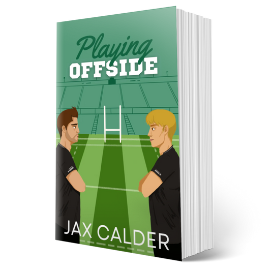 Book titled 'Playing Offside' by Jax Calder with illustrations of two men on a rugby field.