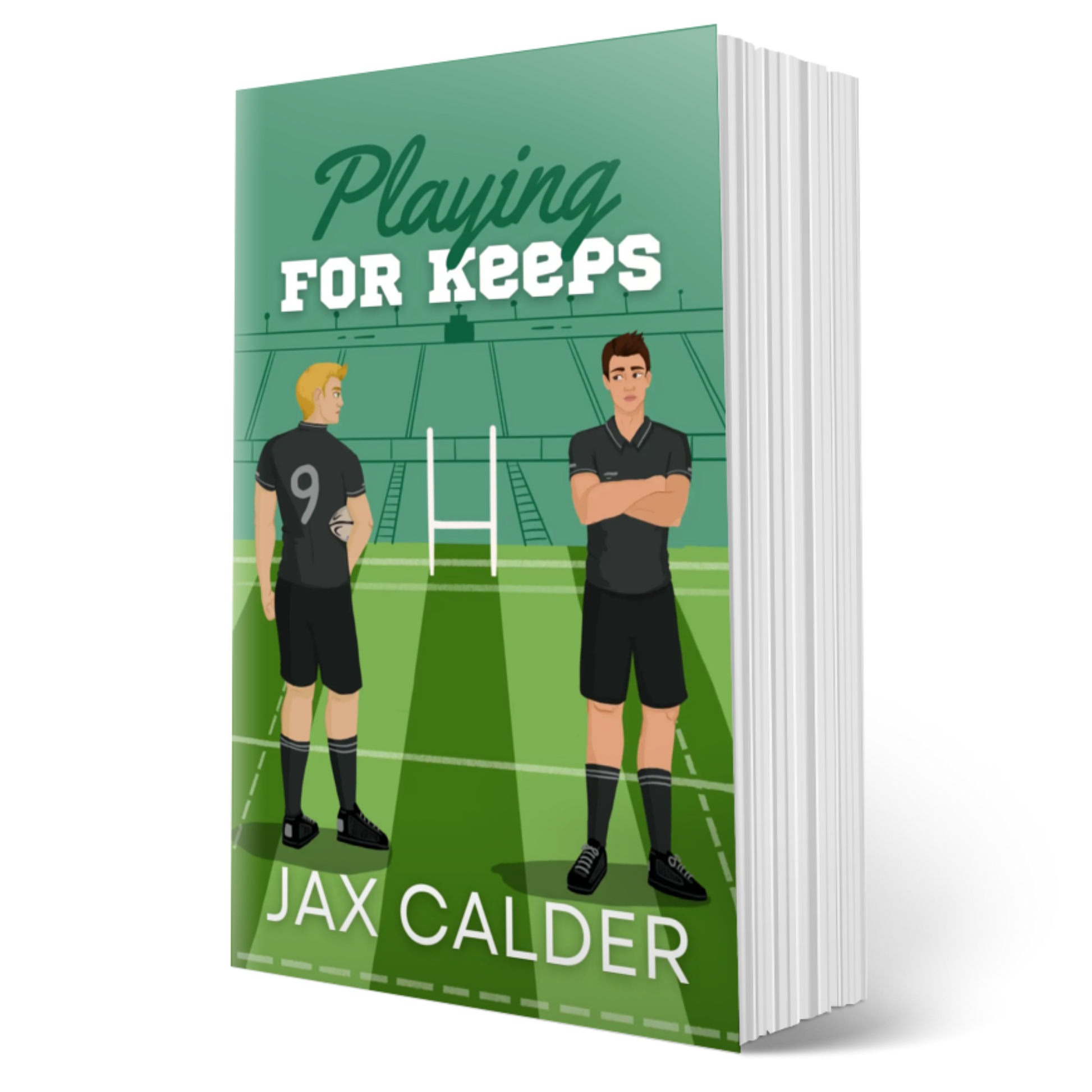 Book cover of 'Playing For Keeps' by Jax Calder with illustrations of two characters on a rugby field.