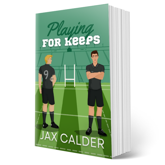 Book cover of 'Playing For Keeps' by Jax Calder with illustrations of two characters on a rugby field.
