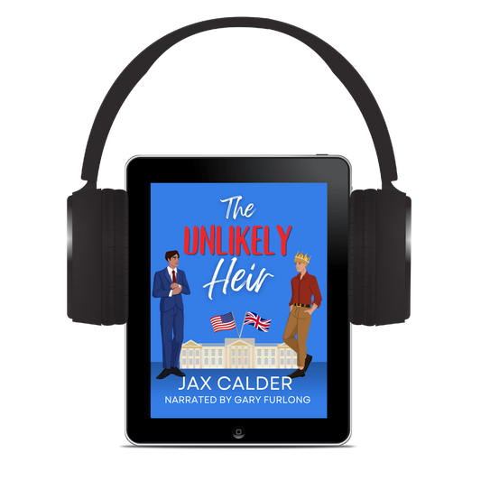 Tablet with 'The Unlikely Heir' audiobook cover displayed, with headphones around it.